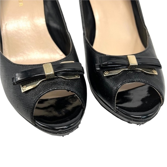Marc Fisher Marsha Black Leather Peep Toe Platform Pumps with Bows - Picture 4 of 12
